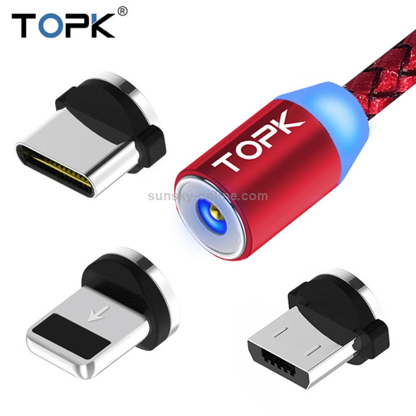 TOPK 1m 2.1A Output USB to 8 Pin + USB-C / Type-C + Micro USB Mesh Braided Magnetic Charging Cable with LED Indicator(Red)
