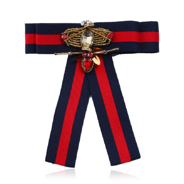 Women Bow-knot Striped Jeweled Bow Tie Brooch Clothing Accessories(Navy Blue)