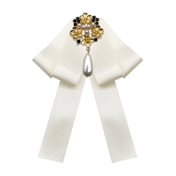 Ladies Retro Style Cloth Fabric Pearl Diamond Brooch Bow Tie Bow Clothing Accessories, Style:Pin Buckle Version(White)
