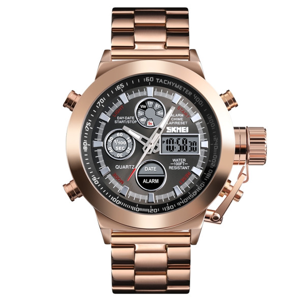 SKMEI 1515 Men Fashion Hip Hop Style Dual Display Electronic Watch Stainless Steel Watch(Rose Gold)