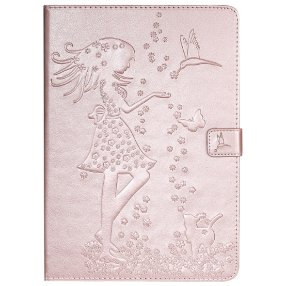 For iPad 10.2 / Pro 10.5 / Air 2019 Pressed Printing Woman and Cat Pattern Horizontal Flip Leather Case with Holder & Card Slots & Wallet(Rose Gold)
