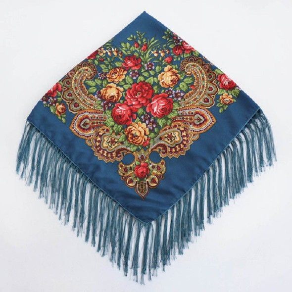 Middle Blue Ethnic Style Retro Tassel Square Scarf Flower Pattern Headscarf Scarf, Size:90 x 90cm
