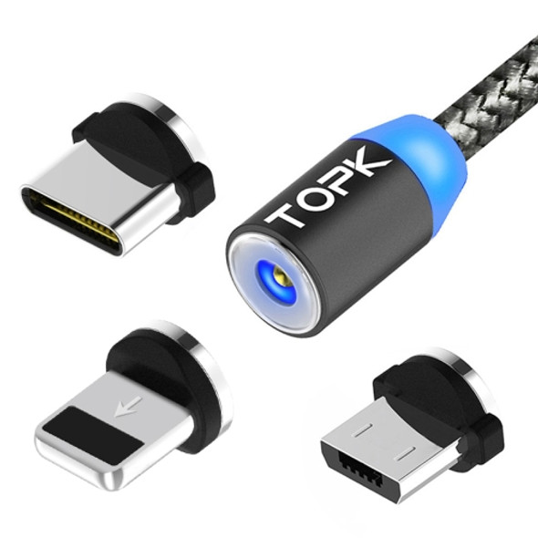 TOPK 2m 2.1A Output USB to 8 Pin + USB-C / Type-C + Micro USB Mesh Braided Magnetic Charging Cable with LED Indicator(Grey)