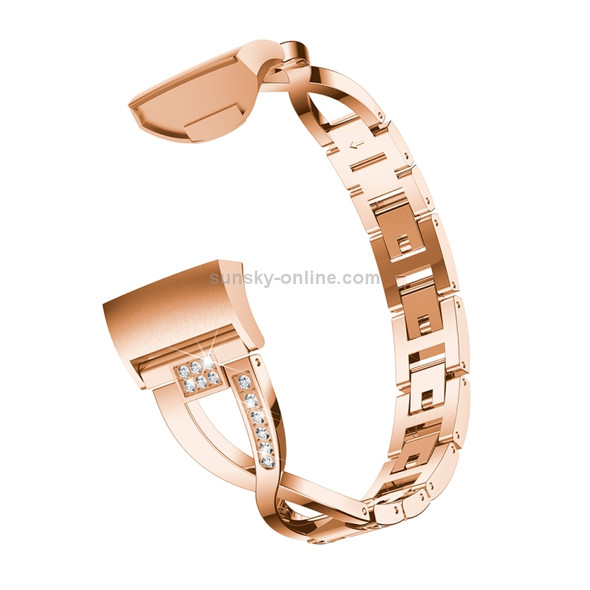 X-shaped Diamond-studded Metal Steel Wrist Strap Watch Band for Fitbit Charge 3 (Rose Gold)