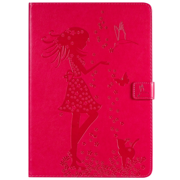 For iPad 10.2 / Pro 10.5 / Air 2019 Pressed Printing Woman and Cat Pattern Horizontal Flip Leather Case with Holder & Card Slots & Wallet(Rose Red)