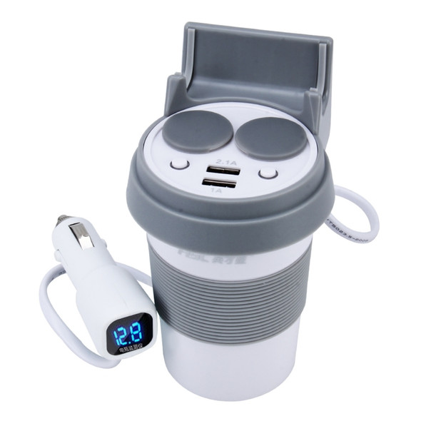 HSC HSC-500D Car Cup Charger 2.1A/1A Dual USB Ports Car 12V-24V Charger with 2-Socket Cigarette LED Display Universal Phone Holder(White)