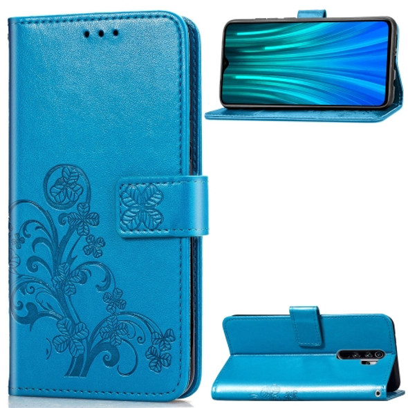 For Xiaomi Redmi Note 8 Pro Four-leaf Clasp Embossed Buckle Mobile Phone Protection Leather Case with Lanyard & Card Slot & Wallet & Bracket Function(Blue)