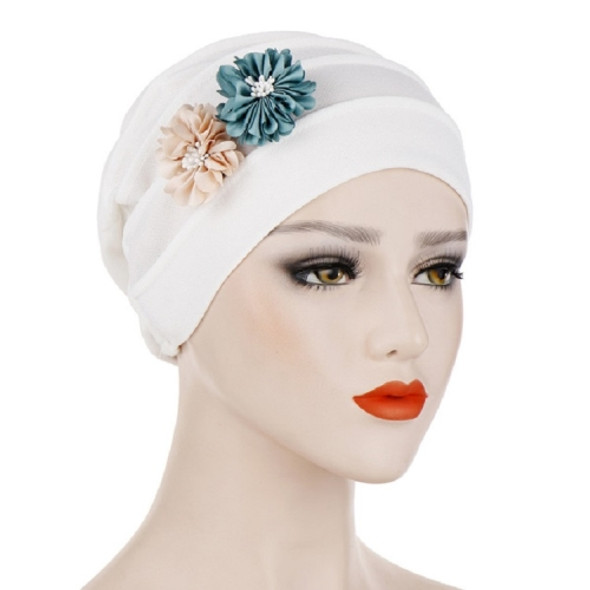 2 PCS Flowers Decoration Linen Hexagon Turban Hat Wrap Cap(White)