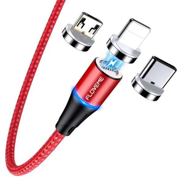 FLOVEME 1m USB-C / Type-C + Micro USB + 8 Pin to USB Round Head Magnetic 3A Fast Charging & Data Cable(Red)