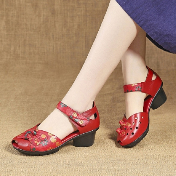 Women Shoes Leather Square Dance Thick Heel Shoes, Size:39(Red)
