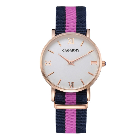 CAGARNY 6813 Fashionable Ultra Thin Rose Gold Case Quartz Wrist Watch with 3 Stripes Nylon Band for Women(Pink)