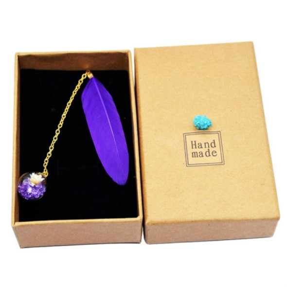 Feather Glass Ball Pendant Bookmark School Stationery Office Supplies(Purple)