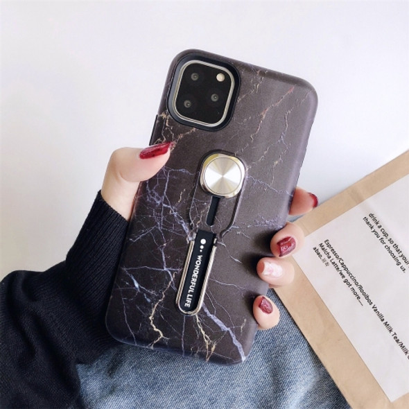 For iPhone 11 Pro Max Marble Shockproof Multi-functional Invisible Ring Holder Protective Case with Vehicle Magnetic Sheet(Black)