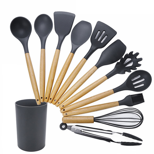 kn082 11 in 1 Wooden Handle Silicone Kitchen Tool Set with Storage Bucket(Black)