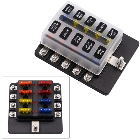 1 in 10 Out Fuse Box Screw Terminal Section Fuse Holder Kits with LED Warning Indicator for Auto Car Truck Boat