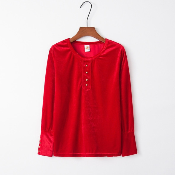 Velvet Button Women Sweatershirt (Color:Red Size:S)