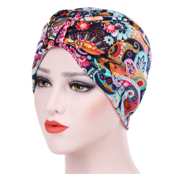 Women Floral Cotton Turban Hat Wrap Cap, Size: M?56-58cm?(Navy Blue Cashew Flower)