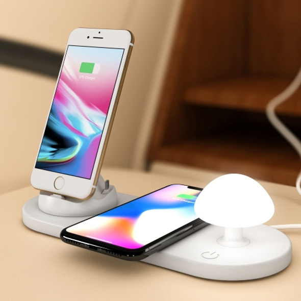HQ-UD11 10W 4 in 1 8 Pin + Micro USB + USB-C / Type-C + Wireless Charger Mobile Phone Fast Charger with Mushroom LED Light & Mobile Phone Stand Holder, Length: 1.2m(White)