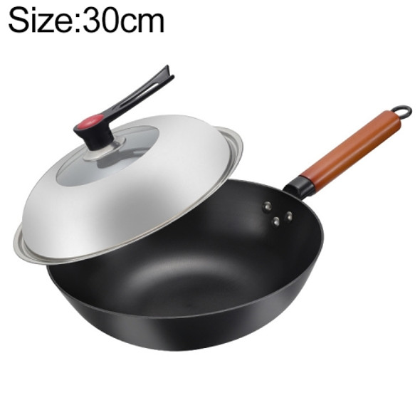 Uncoated Household Cast Iron Wok Suitable for Induction Cooker Gas Stove, Size:30cm Earless(Single Pot+Stand Lid)