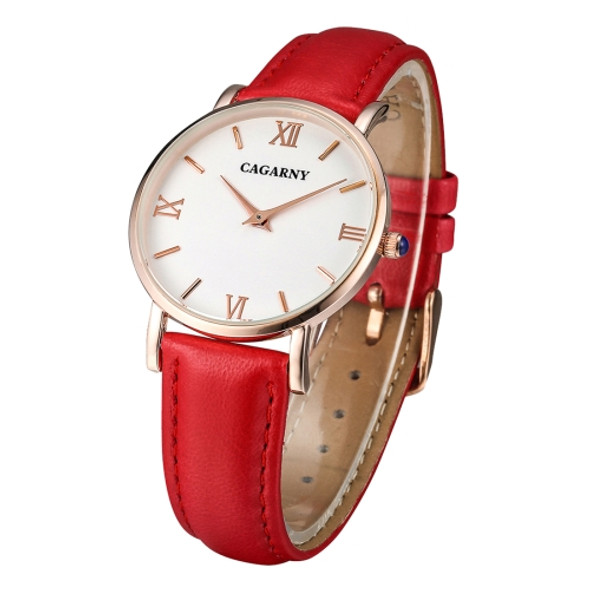 CAGARNY 6813 Concise Style Ultra Thin Rose Gold Case Quartz Wrist Watch with Leather Band for Women(Red)