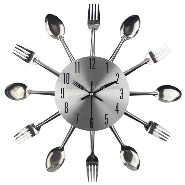 Cutlery Metal Kitchen Wall Clock Spoon Fork Creative Quartz Wall Mounted Clocks Modern Design Decorative Horloge, Silver