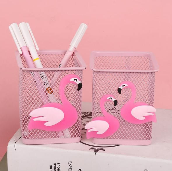 Cartoon Pink Metal Hollow Penholder Square Stationery Storage Box Manage Case Pencil Pen Holder Stand(Double Flamingo)