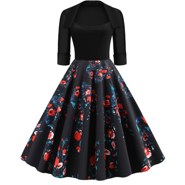 Fashion Personality Printing Lapel Big Swing Dress (Color:Black Size:L)