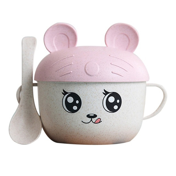 2 in 1 Cartoon Wheat Straw Bowl Spoon Set Heat Insulation Anti-hot Soup Noodle Bowl Baby Bowl Complementary Food Feeding Tableware, Specification:With Ear(Pink)