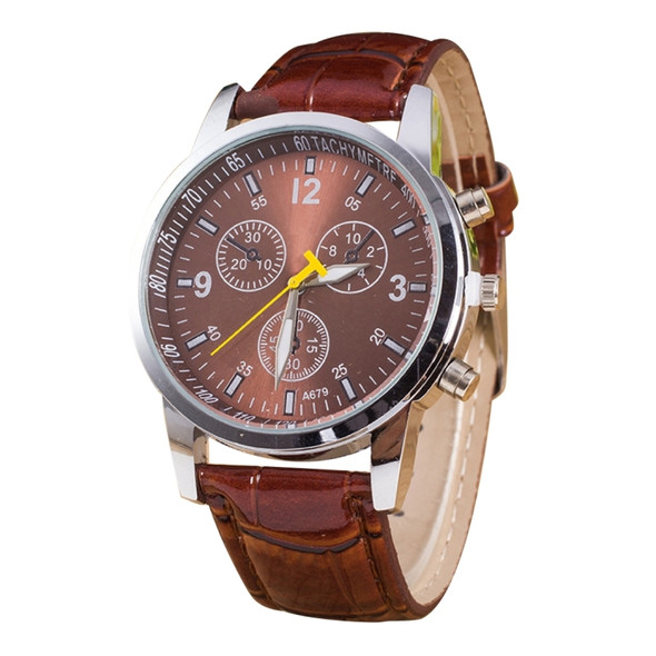 Luminous Round Dial 3 Decoration Dials Unisex Quartz Watch with PU Leather Band(Coffee)