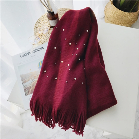 Pearl Tassel Thick Cashmere Knit Scarf, Size: 180 x 90cm(Wine red)