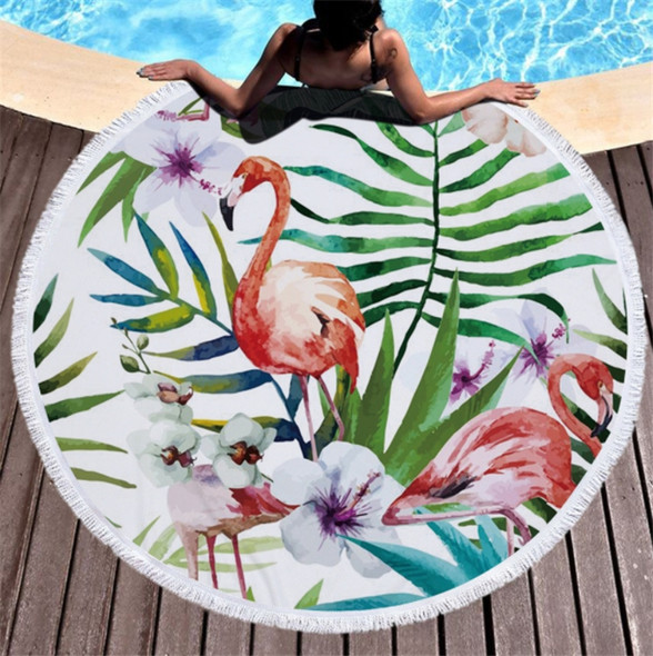 Printed Round Beach Towel Yoga Mat with Tassel, Size:150x150cm(Flamingo + Flower)
