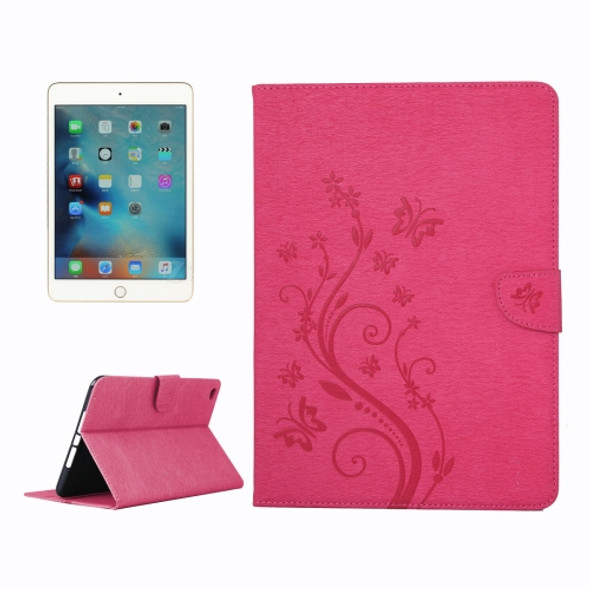 For iPad mini 4 Pressed Flowers Butterfly Pattern Horizontal Flip PU Leather Case with Magnetic Buckle & Holder & Card Slots & Wallet(Magenta)