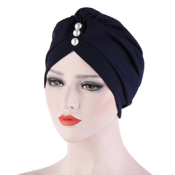 2 PCS Women Forehead Fold Pearl Decorative Hooded Cap Turban Hat, Size:One Size(Navy)