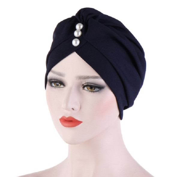 2 PCS Women Forehead Fold Pearl Decorative Hooded Cap Turban Hat, Size:One Size(Navy)