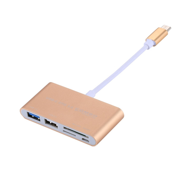 5 in 1 Micro SD + SD + USB 3.0 + USB 2.0 + Micro USB Port to USB-C / Type-C OTG COMBO Adapter Card Reader for Tablet, Smartphone, PC(Gold)