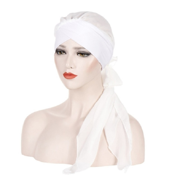 2 PCS Ladies Forehead Cross Chiffon Long Tail Cap Turban Hat, Size:One Size(White)