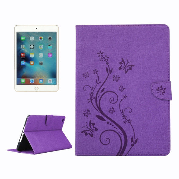 For iPad mini 4 Pressed Flowers Butterfly Pattern Horizontal Flip PU Leather Case with Magnetic Buckle & Holder & Card Slots & Wallet(Purple)