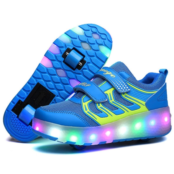 WS01 LED Light Ultra Light Mesh Surface Rechargeable Double Wheel Roller Skating Shoes Sport Shoes, Size : 27(Blue)