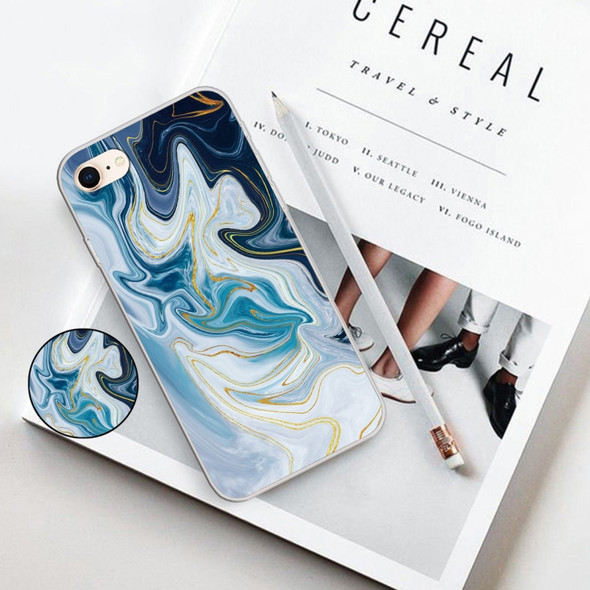 For iPhone 8 & 7 Embossed Varnished Marble TPU Protective Case with Holder(Gold Line Blue)