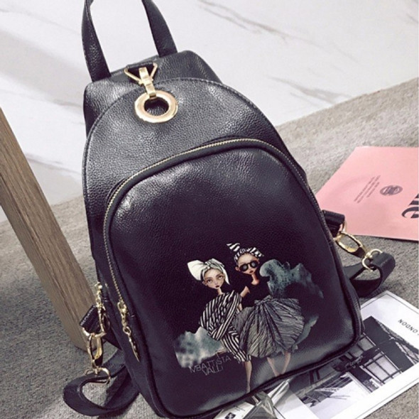 Girls Pattern Multi-function Leisure Fashion PU Leather Double Shoulders Bag Backpack (Black)