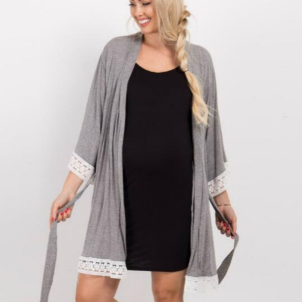 Solid Color Maternity Dress Lace Stitching Three-point Sleeves with Cardigan Breastfeeding Robes Pajamas, Size:S(Dark Gray)