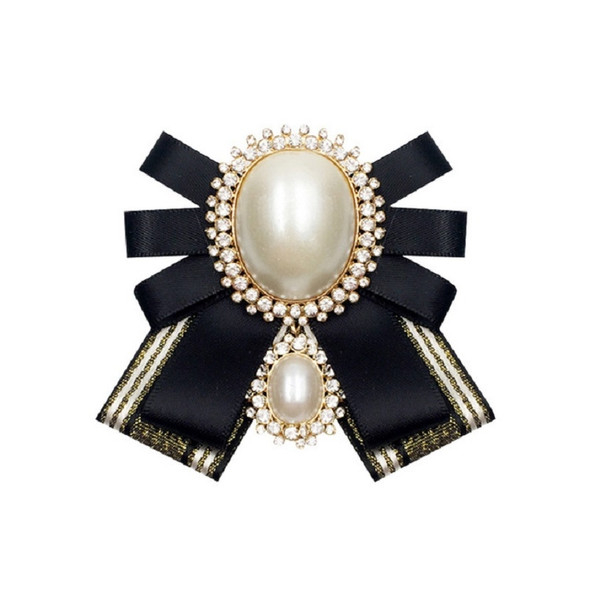 Women Pearl Bow-knot Bow Tie Cloth Brooch Clothing Accessories, Style:Pin Buckle Version(Gold Black)