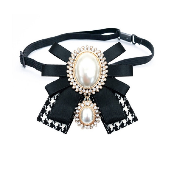 Women Pearl Bow-knot Bow Tie Cloth Brooch Clothing Accessories, Style:Tie Belt Version(Black White)