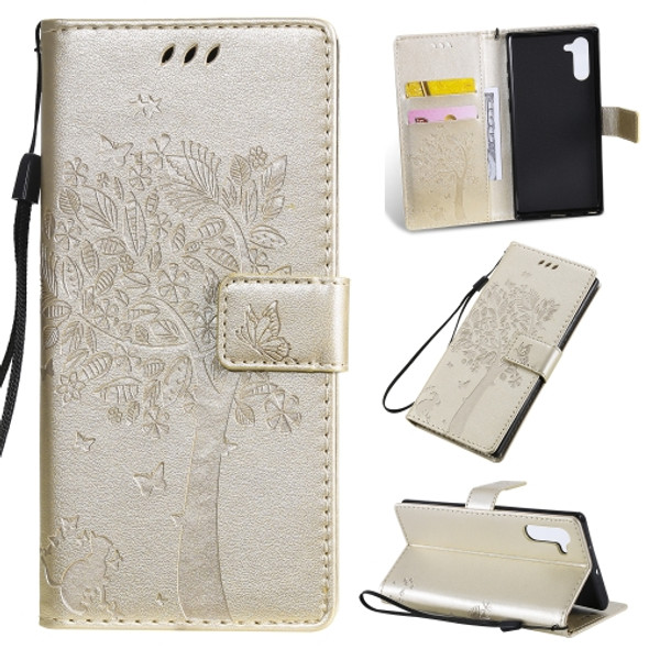 Tree & Cat Pattern Pressed Printing Horizontal Flip PU Leather Case with Holder & Card Slots & Wallet & Lanyard For Galaxy  Note10(Gold)