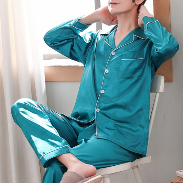 Simulation Silk Long Sleeve Long Pant Man Pajamas Set, Size:XXL(Aquamarine)