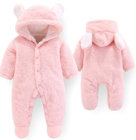 Autumn Winter Baby Rompers Footies Bodysuit Hooded Infant Cotton Jumpsuit Baby Boy Girl Clothing, Kid Size:9M(Pink)