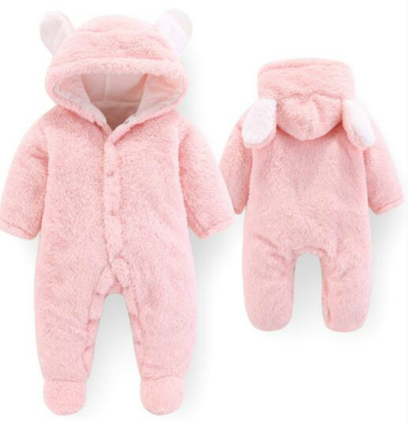 Autumn Winter Baby Rompers Footies Bodysuit Hooded Infant Cotton Jumpsuit Baby Boy Girl Clothing, Kid Size:9M(Pink)