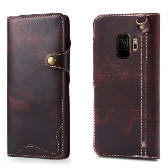 For Galaxy S9 Denior Oil Wax Cowhide Magnetic Button Horizontal Flip Leather Case with Card Slots & Wallet(Dark Red)