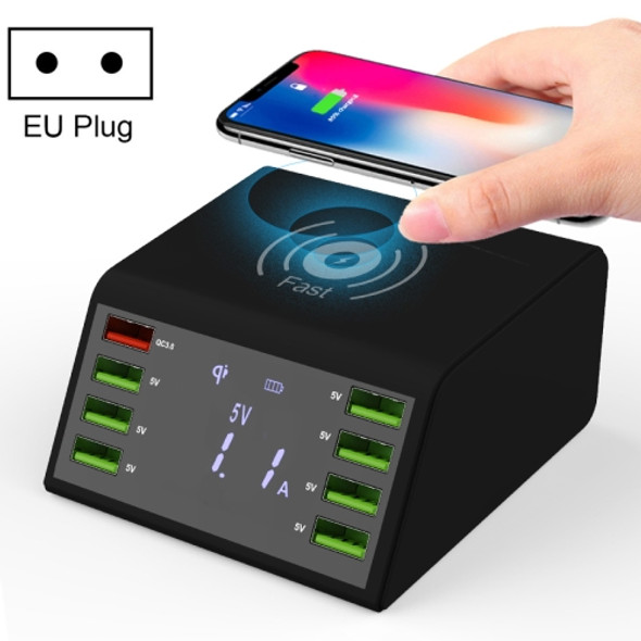 838W 9 in 1 QC 3.0 USB Interface + 7 USB Ports + QI Wireless Fast Charging Multi-function Charger with LED Display, EU Plug(Black)