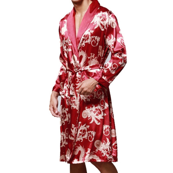Men's Long Paragraph Silk Pajamas (Color:Burgundy Size:L)
